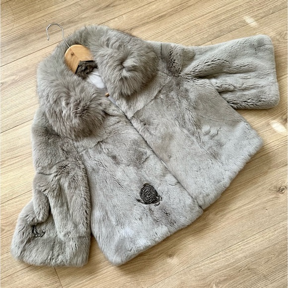 Real Grey Rabbit Fur Jacket with Crystal Embellish M - Picture 7 of 9
